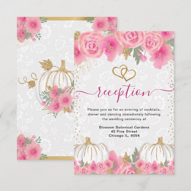Pink Flowers Pumpkin Wedding Reception Enclosure Card (Front/Back)