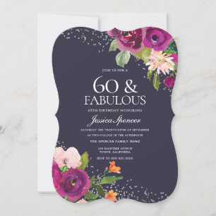 Pink Flowers Purple Back 60th Birthday Party Invitation