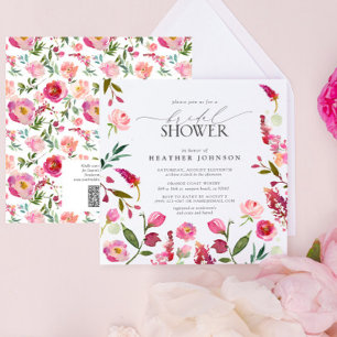 Pink Flowers QR Code Watercolor Bridal Shower Invitation