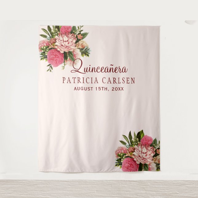 Pink flowers quinceañera photo booth backdrop tapestry (Front)