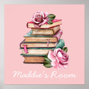 Pink flowers reading book cute kids room poster