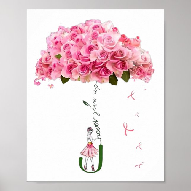 Pink Flowers Ribbon Breast Cancer Awareness Fighte Poster (Front)