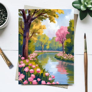 Pink Flowers River Garden Blooming Watercolor Postcard