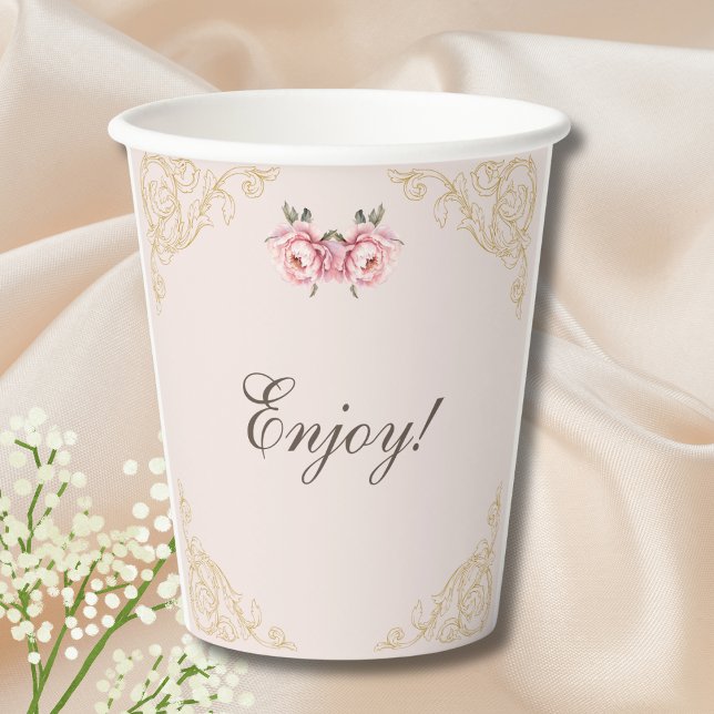 Pink Flowers Rococo Peony Baby Shower Paper Cups (Creator Uploaded)