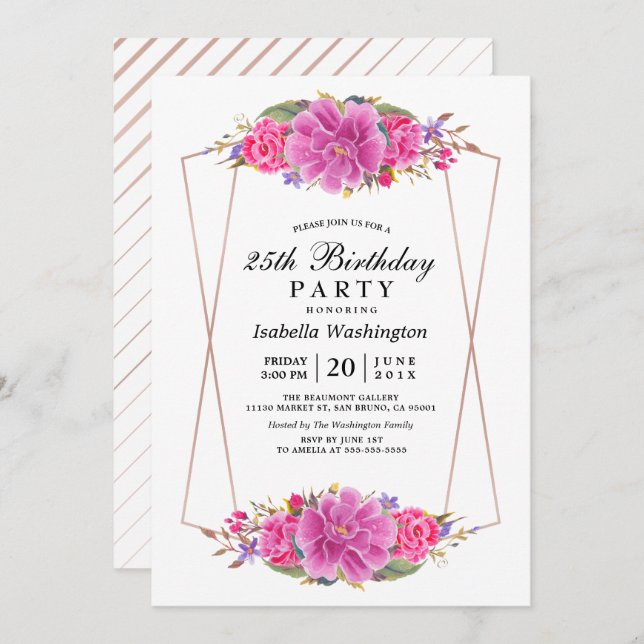 Pink Flowers & Rose Gold Geometric Birthday Party Invitation (Front/Back)