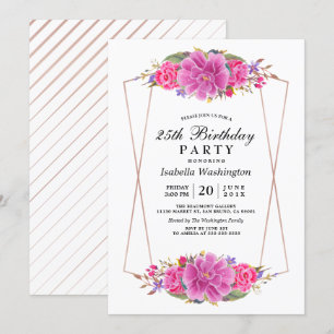 Pink Flowers & Rose Gold Geometric Birthday Party Invitation