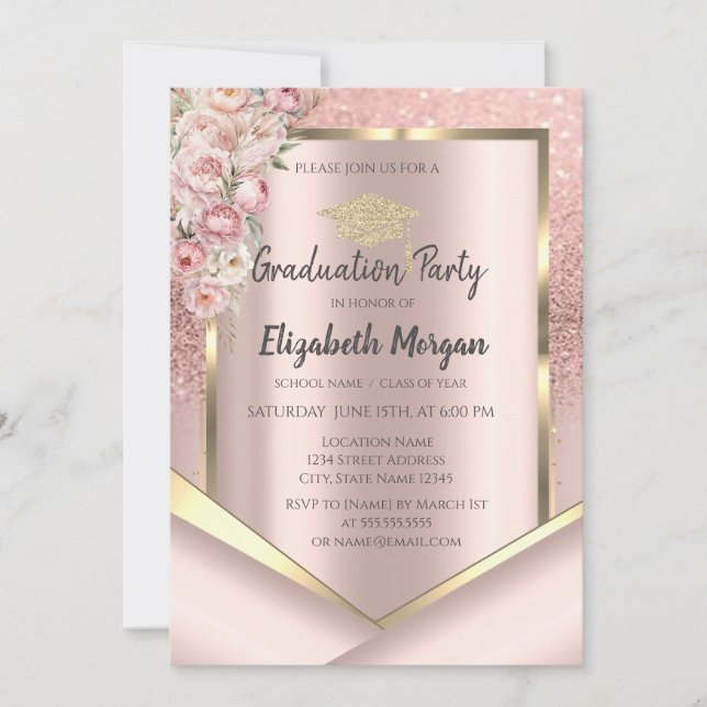 Pink Flowers Rose Gold Glitter Graduation Invitation (Front)