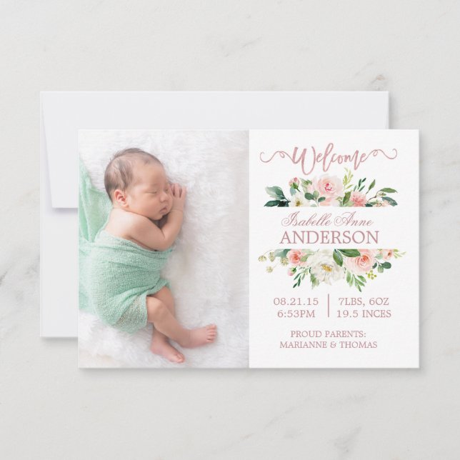 Pink Flowers Rose Gold Photo Birth Announcement (Front)