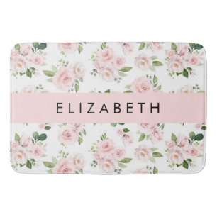 Pink Flowers, Roses, Watercolor Flowers, Your Name Bath Mat
