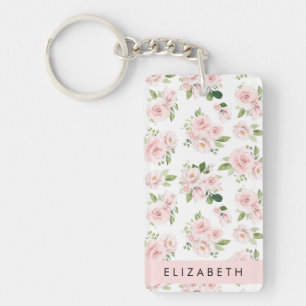 Pink Flowers, Roses, Watercolor Flowers, Your Name Key Ring