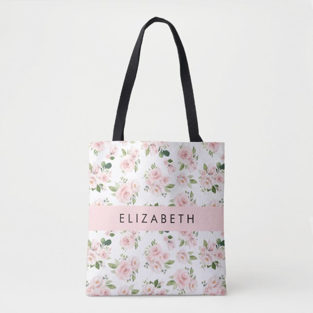 Pink Flowers, Roses, Watercolor Flowers, Your Name Tote Bag (Front)