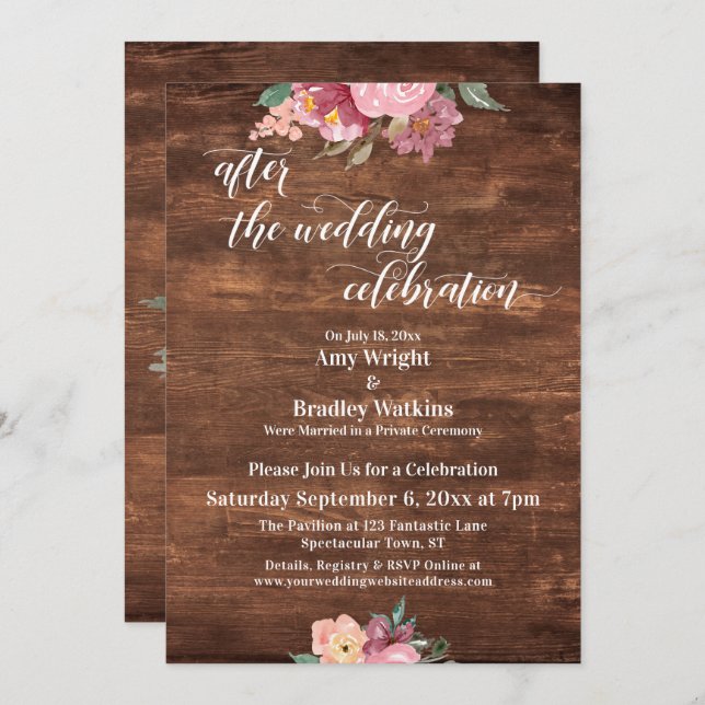 Pink Flowers Rustic After the Wedding Celebration Invitation (Front/Back)