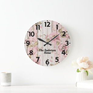 Pink Flowers Rustic Large Clock