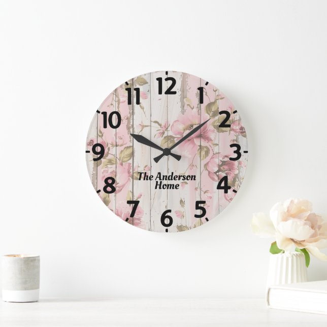 Pink Flowers Rustic Large Clock (Home)