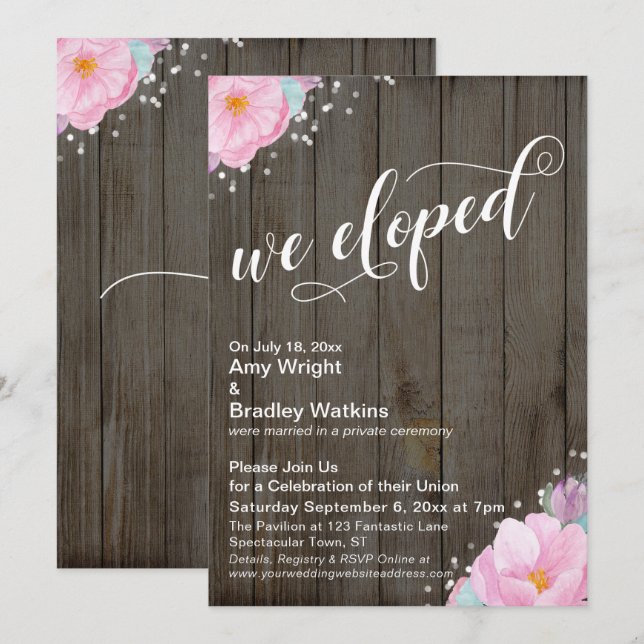 Pink Flowers Rustic We Eloped Reception-Only Invitation (Front/Back)