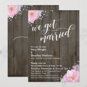 Pink Flowers Rustic We Got Married Reception-Only Invitation