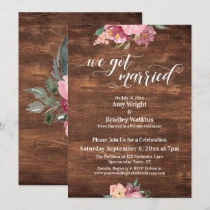 Pink Flowers Rustic We Got Married Reception-Only Invitation