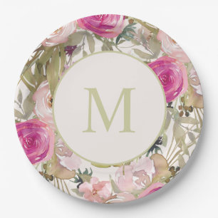 Pink Flowers Sage Green Leaves Monogram Initial Paper Plate