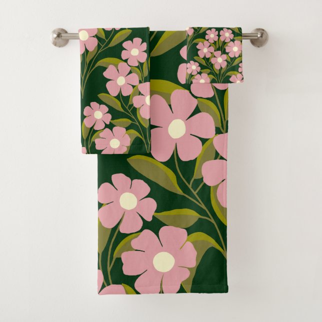Pink Flowers Sage Green Leaves pattern  Bath Towel Set (Insitu)
