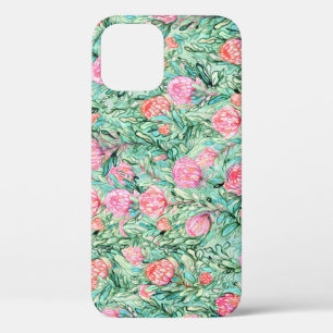 Pink flowers, sage green, seamless. iPhone 12 case