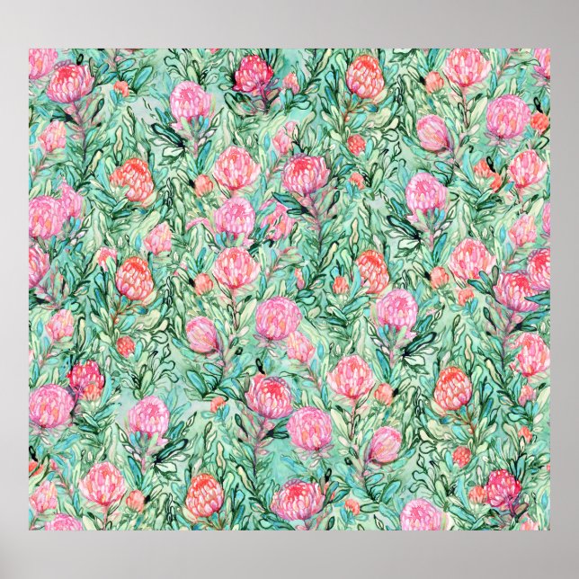 Pink flowers, sage green, seamless. poster (Front)