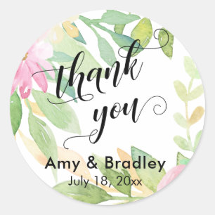 Pink Flowers Script Thank You Personalised Wedding Classic Round Sticker