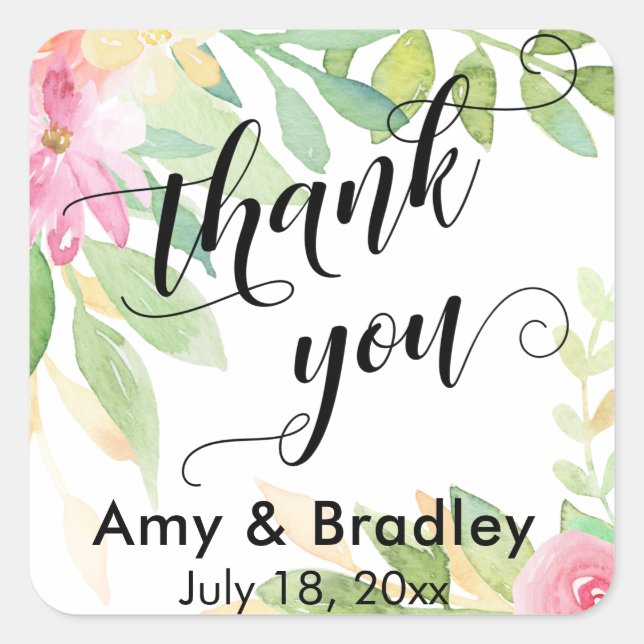 Pink Flowers Script Thank You Personalised Wedding Square Sticker (Front)