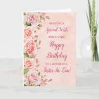 Pink Flowers Sister In Law Birthday Card