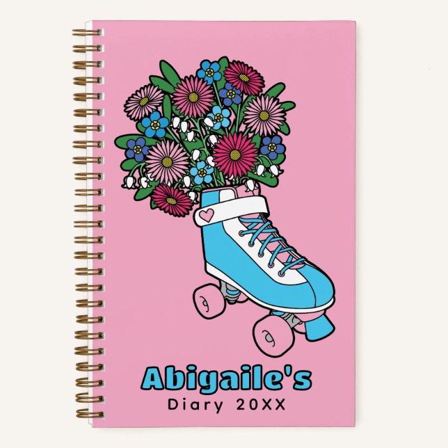 Pink Flowers Skate Cartoon Customisable Diary Notebook (Front)