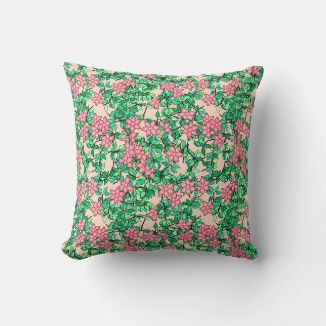 Pink flowers, soft coral background cushion (Front)