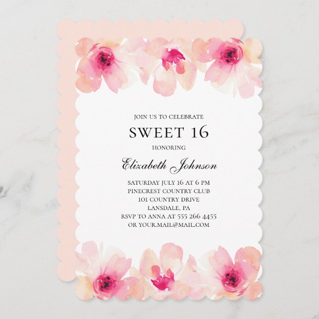 Pink flowers sweet 16. Blush floral 16th birthday Invitation (Front/Back)