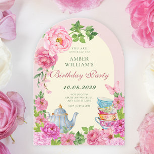 Pink Flowers tea cup garden birthday Invitation