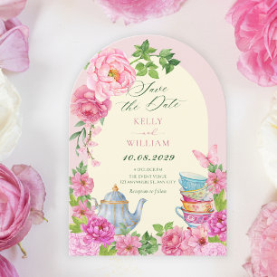 Pink Flowers tea cup garden Save The Date