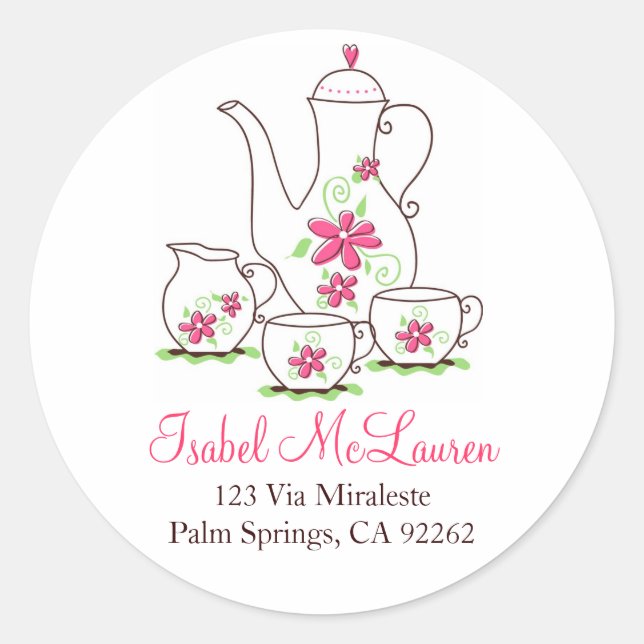 Pink Flowers Tea Set Address Labels (Front)