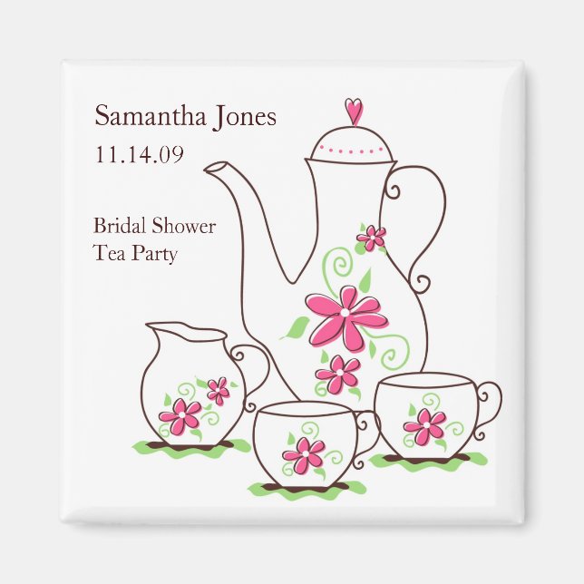 Pink Flowers Tea Set Bridal Shower Favour Magnets (Front)