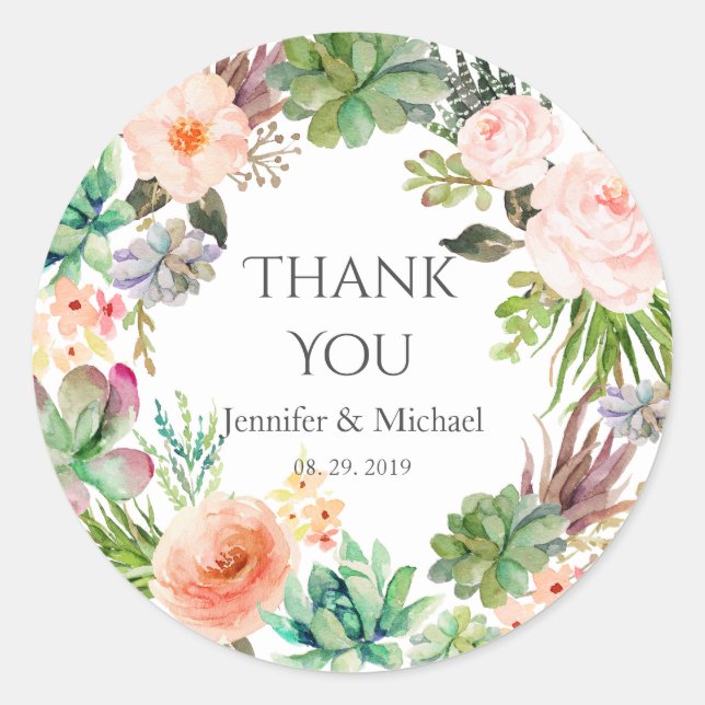 Pink Flowers Teal Green Succulent Cactus Wedding Classic Round Sticker (Front)