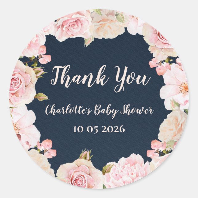 Pink Flowers Thank You Baby Shower Favour Tag (Front)