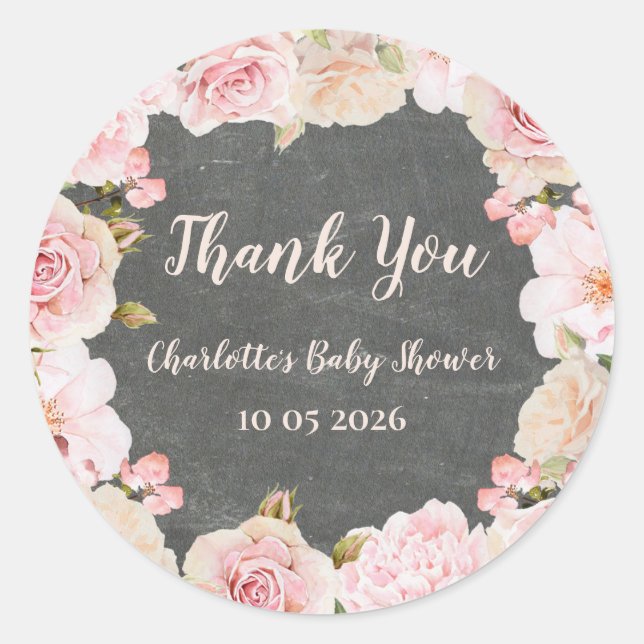 Pink Flowers Thank You Baby Shower Favour Tag (Front)