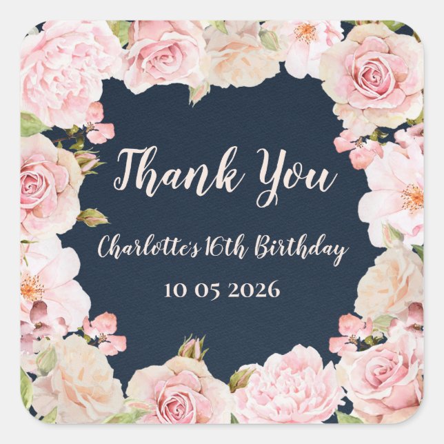 Pink Flowers Thank You Birthday Favour Tag (Front)
