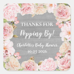 Pink Flowers Thanks for Popping By Baby Shower Tag