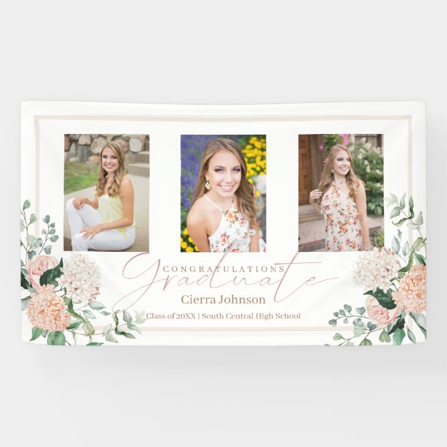 Pink Flowers Three Photos Calligraphy Graduation Banner (Horizontal)