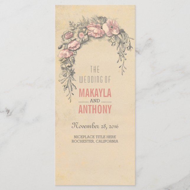 Pink Flowers Vintage Wedding Programs (Front)