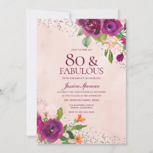 Pink Flowers Watercolor Back 80th Birthday Party Invitation