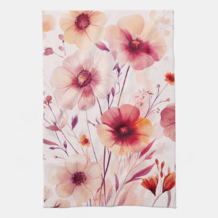 Pink Flowers Watercolor Blooms Elegant Tea Towel