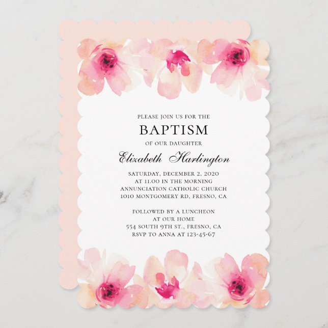 Pink flowers watercolor. Blush floral baptism Invitation (Front/Back)