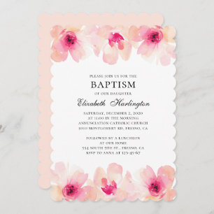 Pink flowers watercolor. Blush floral baptism Invitation