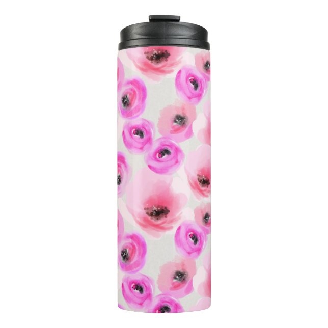 Pink Flowers Watercolor Digital Art Thermal Tumbler (Front)