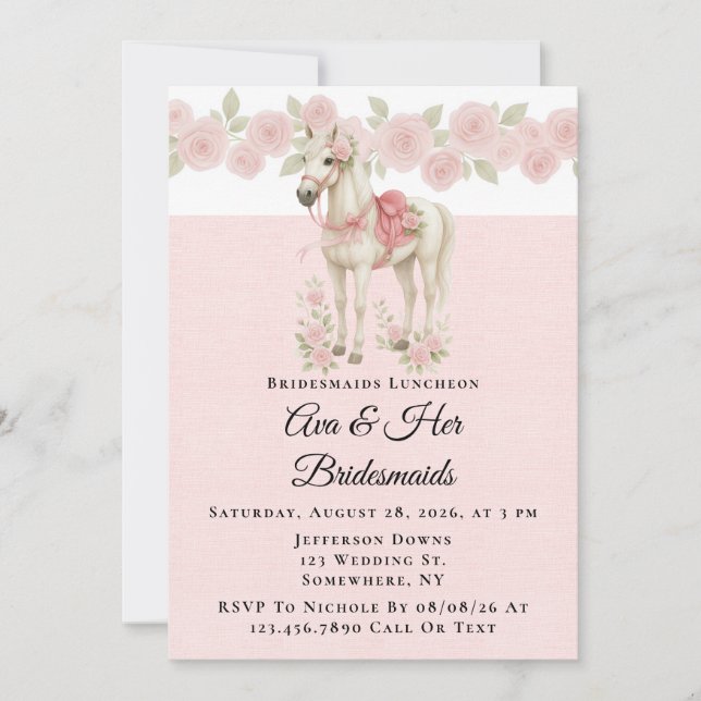 Pink Flowers Watercolor Horse Bridesmaids Luncheon Invitation (Front)