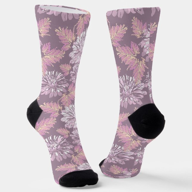 Pink flowers, watercolor, retro socks (Angled)