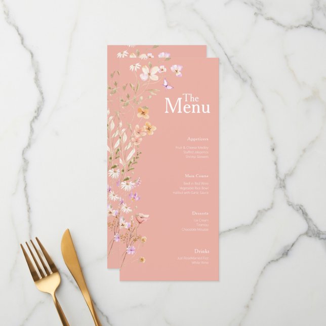 Pink Flowers Wedding Event Menu Table Decor (Front/Back In Situ)